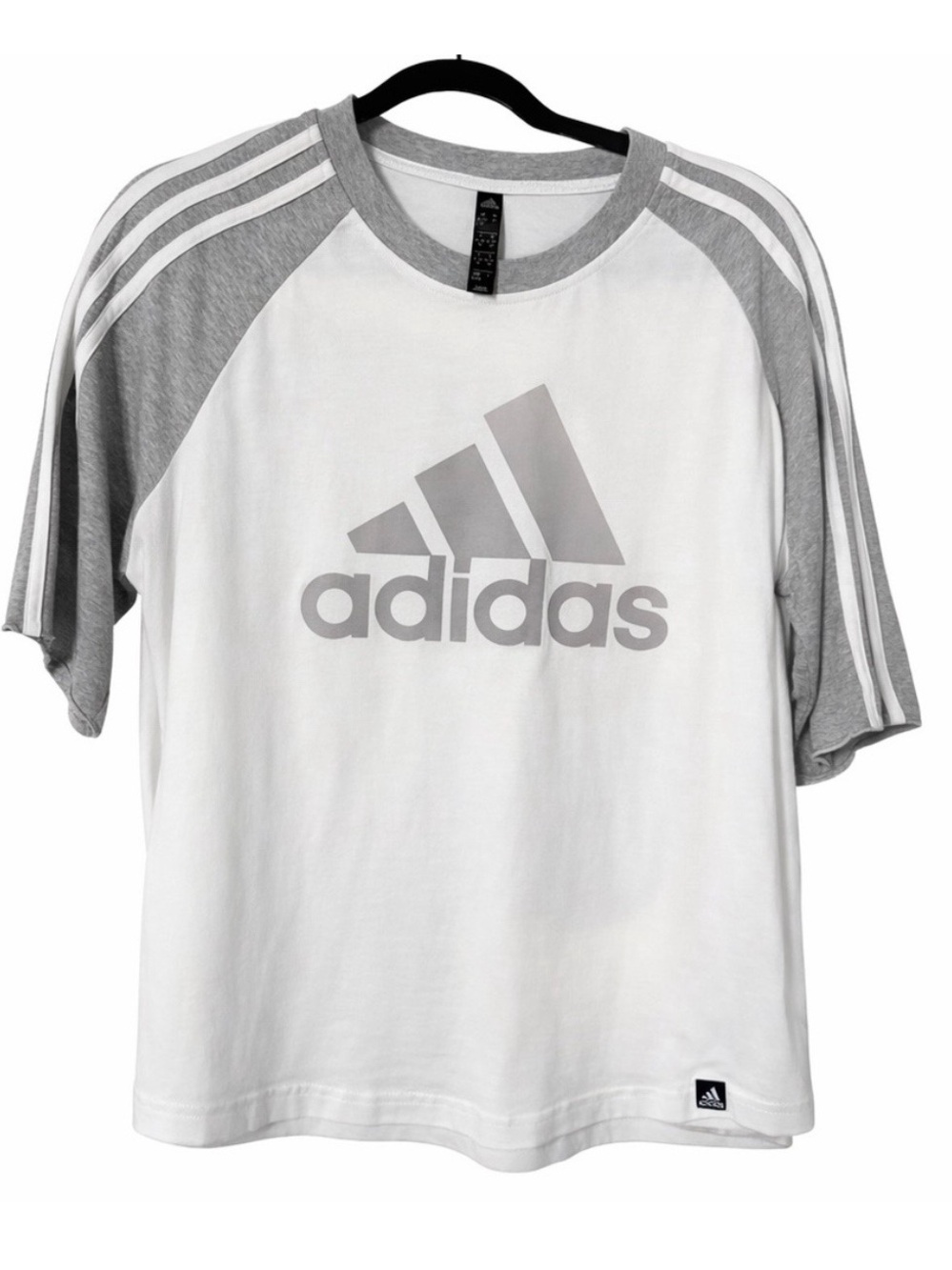 adidas White & Gray Logo Raglan Short Sleeve Tee
